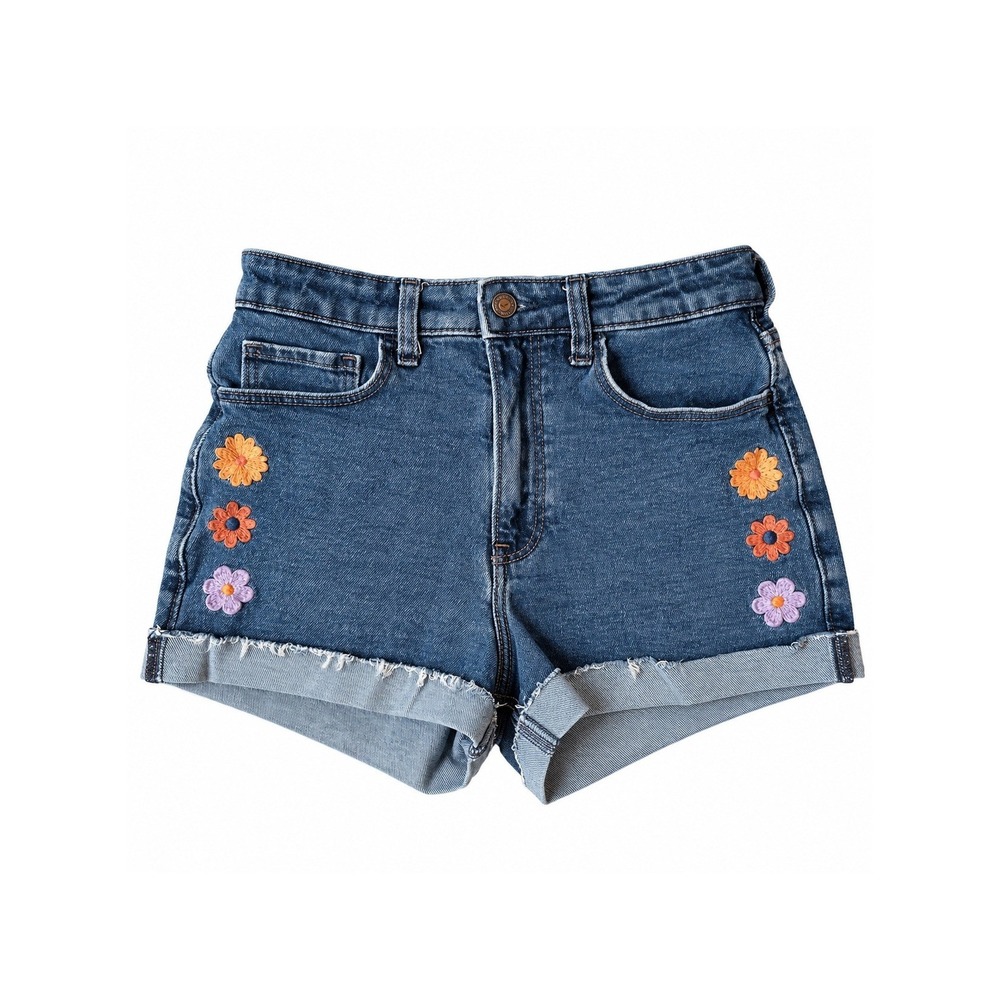 Hollister Juniors 3 W26 Dark Wash Floral Embroidered Ultra High Rise Mom Shorts